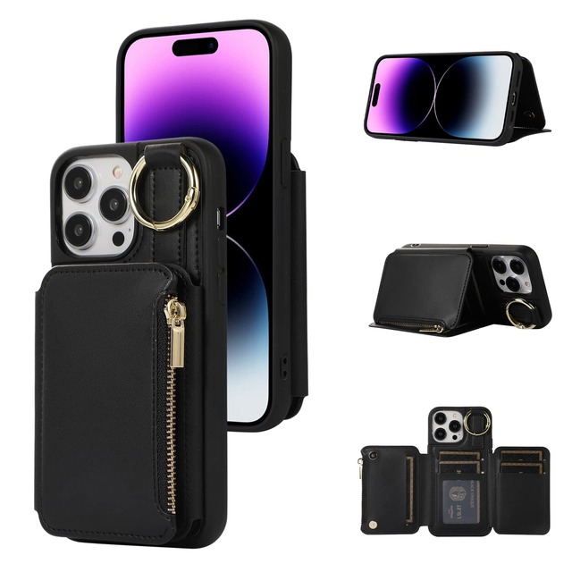 JDDLang iPhone 11用の ケース ストラップケース ショルダー カード収納 PUレザー 肩掛け カード収納 斜め掛け スタンド アイフォン 11 背面収納 可愛い 人気 おしゃれ あいふぉん 11 財布型 チェーン ファスナー型 ストラップ付き クロスボディケース カード入れ スマホケース 携帯カバー 写真入りポケット ブラック
