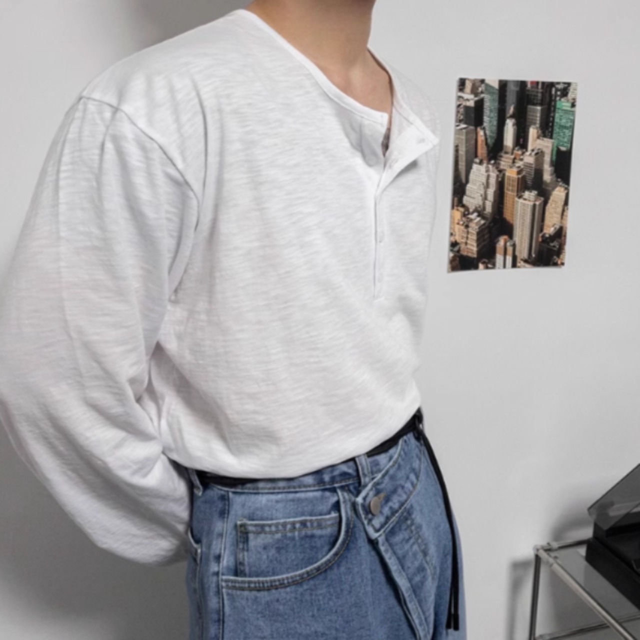 ヘンリーネックルーズロングTシャツ　0837