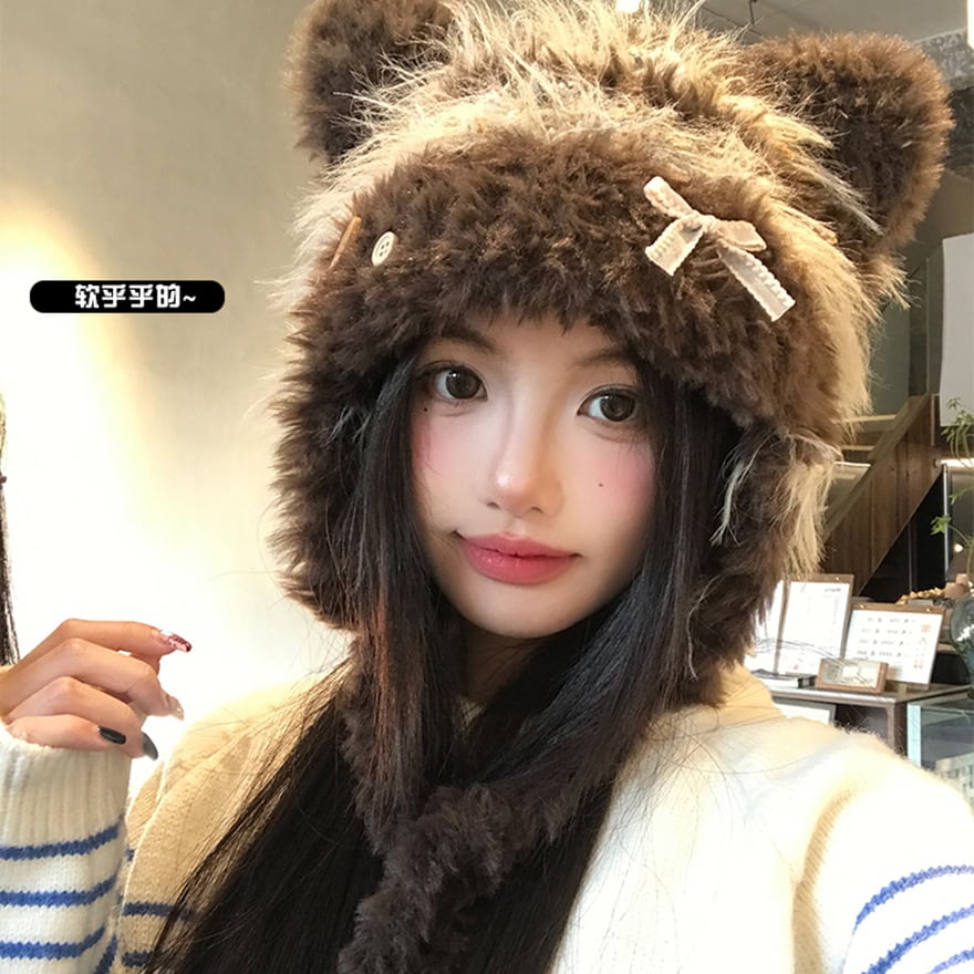 【くま耳ニット帽】ゴスロリ ファー帽子 量産型・地雷系対応|リボン付き ふわふわ防寒ニットキャップ(2色展開)