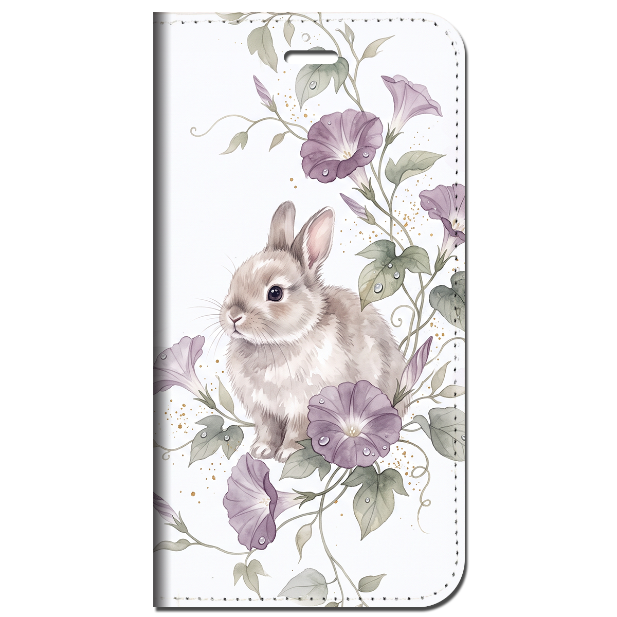 iPhone対応 スマホ 手帳型ケース 夏 うさぎ ネザーランドドワーフ 朝顔 アサガオ 水彩 くすみカラー ラベンダーパープル 涼やか 韓国インテリア ギフト スマホケース スタンド 【iPhone17 / iPhone16e / iPhone16 他 iPhone各機種対応】 |ianuan14