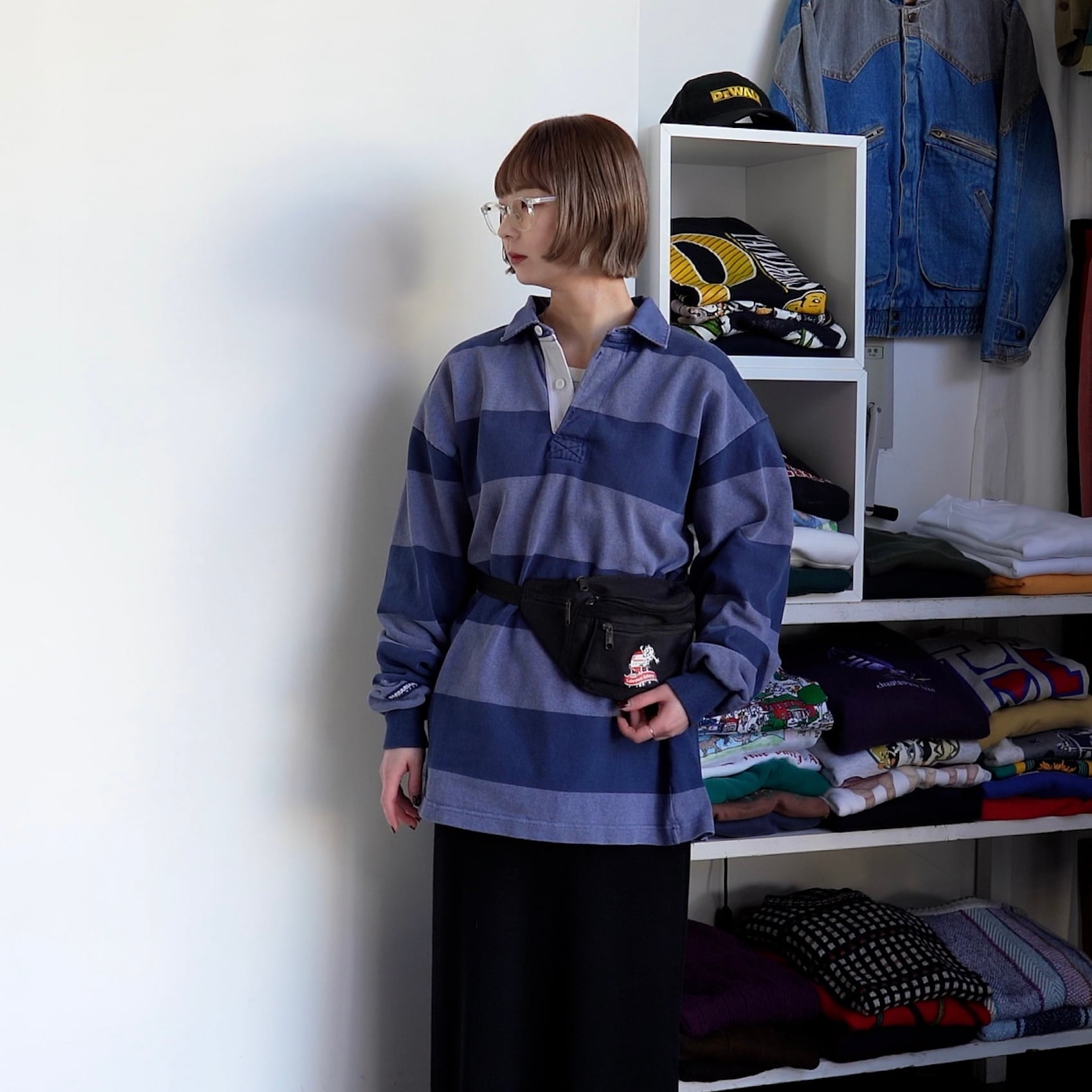 Tracksmith ラガーシャツ Cotton Rugby 古着 Gathered sleeve rugby shirt (green/navy)