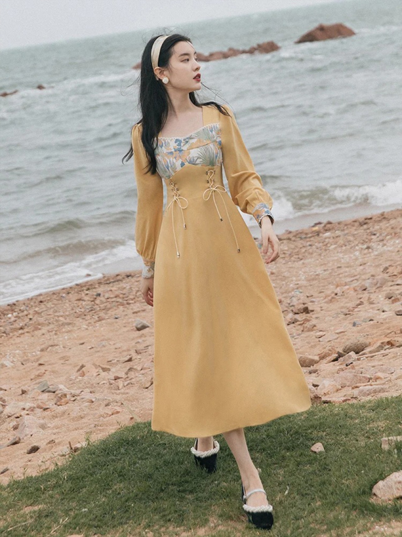 【0137】Waist Ribbon Elegant Long Sleeve Dress