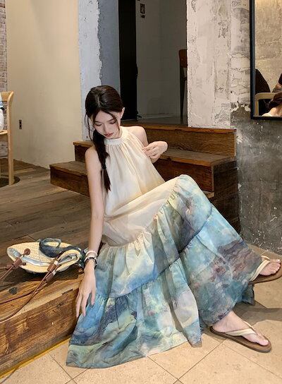 ワンピース ホルターネック ロング丈 ノースリーブ 韓国 c676 2024夏 韓国ワンピース ドレス ホルターネック ノースリーブ