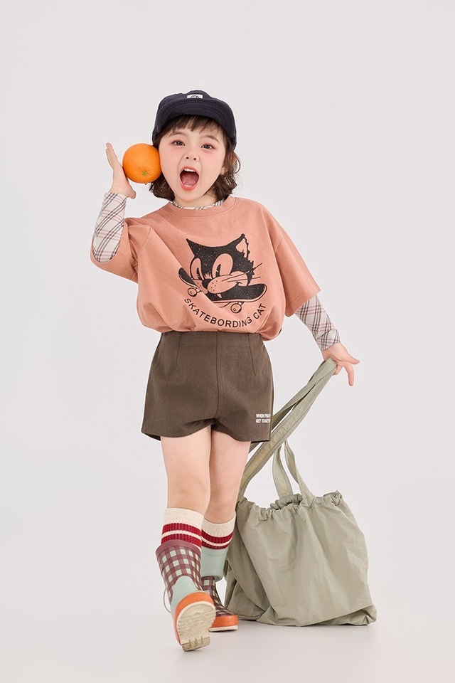 スケボーキャットプリントTシャツ（コーラル／グレー／ホワイト）BOBI 2026春｜90-150cm｜トップス｜Tシャツ｜半袖 ［取寄］