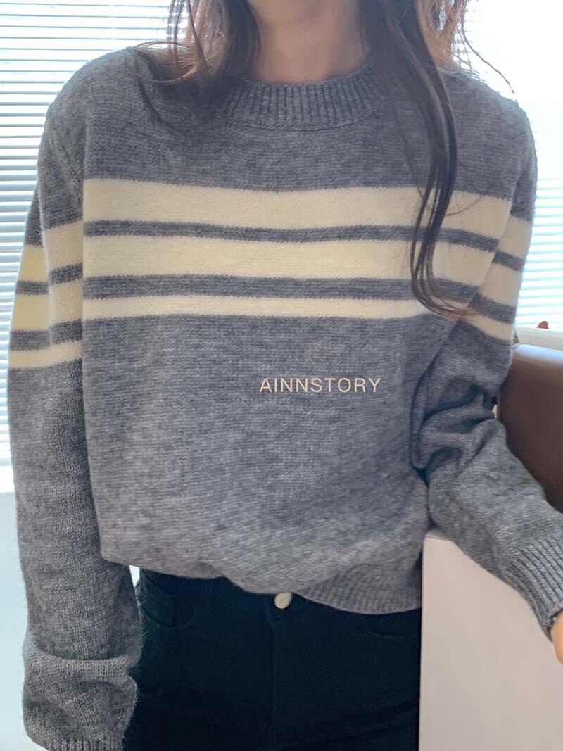 ストライプニットセーター ラウンドネックロングスタイル 長袖 Oネック ビッグFスモールZ韓国86390923554