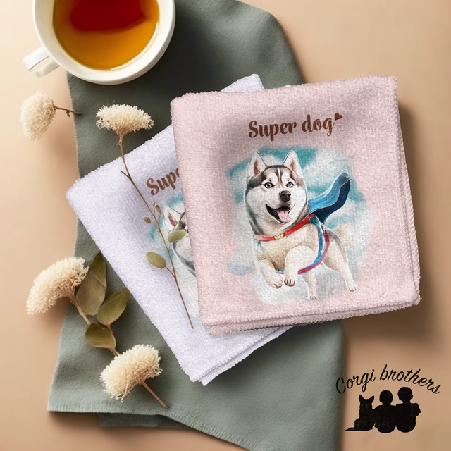 【 ヒーロー シベリアンハスキー 】 パステルカラー ハンカチ　2枚セット　犬　ペット　うちの子　プレゼント
