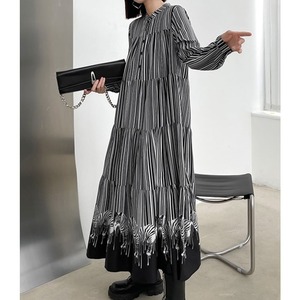 Tiered Stripe A-Line Long Dress / ティアード ストライプ Aライン ロング ドレス ワンピース