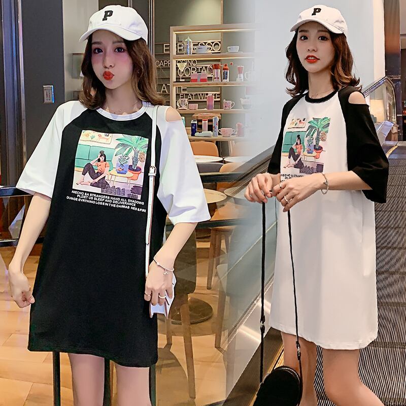 【新作】【送料無料】 母乳育児ドレスサイド-オープンジッパーミディアム-長さオフショルダー半袖コミックプリント母乳育児ドレス AL expec318591278257