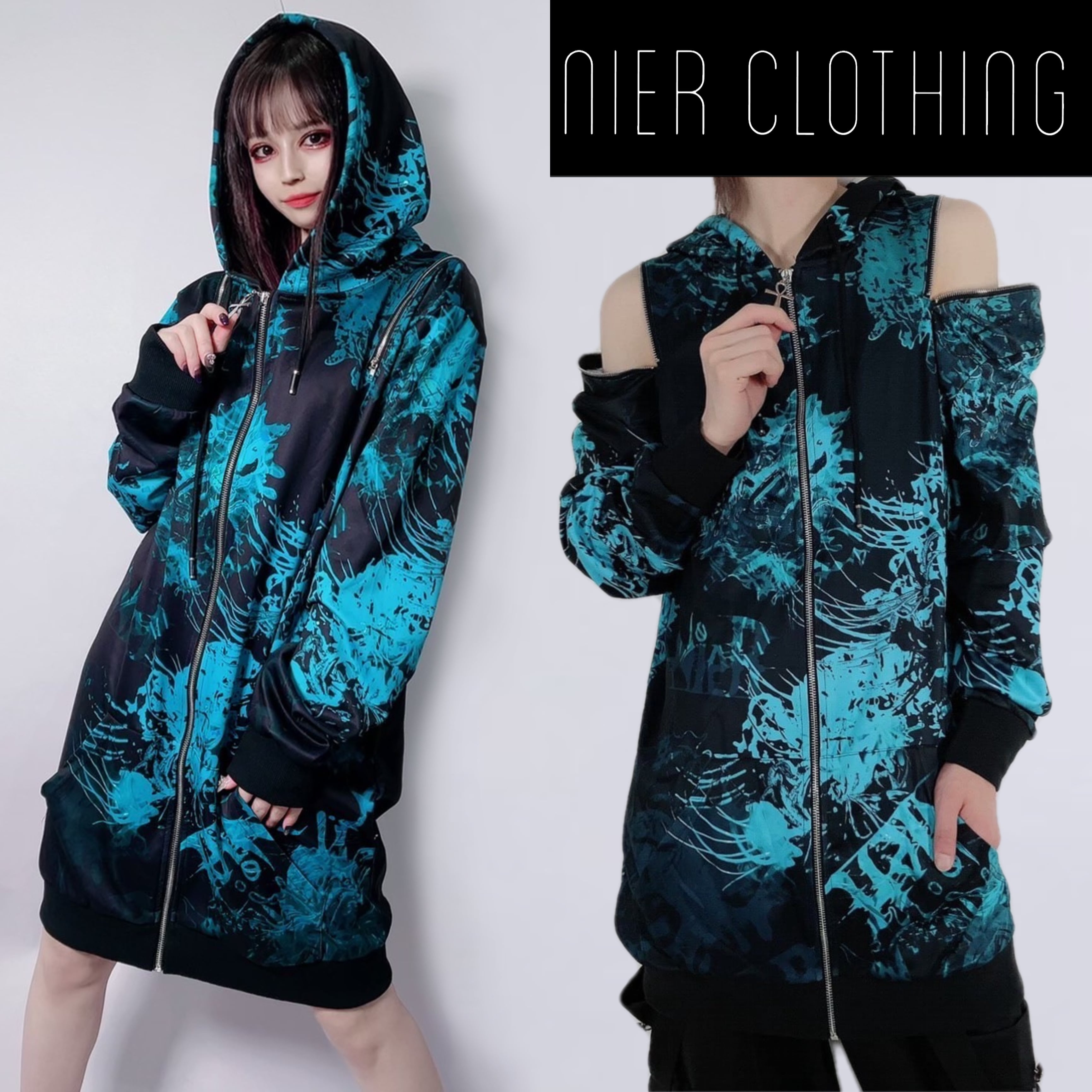 2WAY OFF-Shoulder 長袖ZIP PARKA【彼岸花(ターコイズブルー)】 | NIER