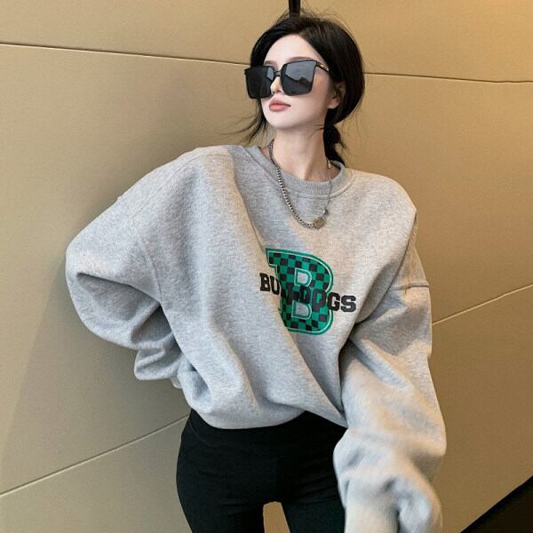 【新作】【送料無料】 女性用グレーのスウェットシャツ、レタープリント、ラウンドネック、ゆったりとしたミドル丈、春と秋の韓国スタイルの学生用多目的トップス、トレンディなイン 0350590069063