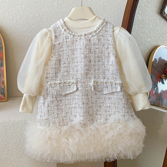 バルーン袖カットソーとツイードワンピースのセット：90-120size