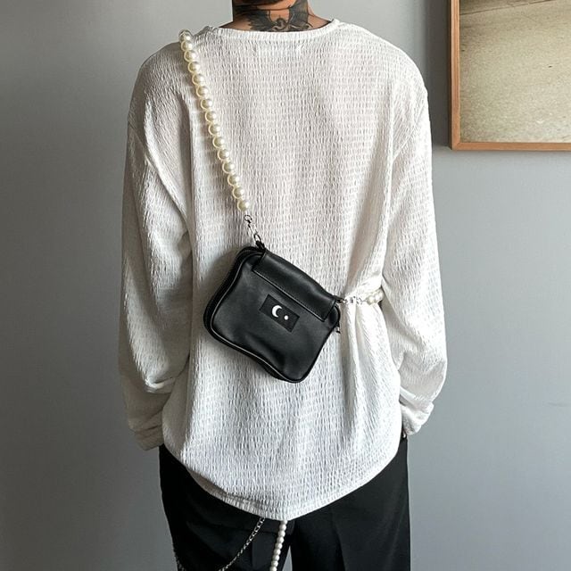 【予約販売】ショルダーバッグ メンズ パールチェーン ミニバッグ ブラック 斜め掛け メッセンジャー 黒 こなれ感 お洒落 韓国 トレンド