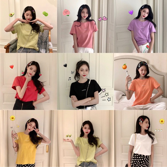 スプリングサマーカラーブラウス プリントソリッド ラウンドネックTシャツ レッド 春物 夏物 Oネック ソリッドカラー YY-ファッション28070523833