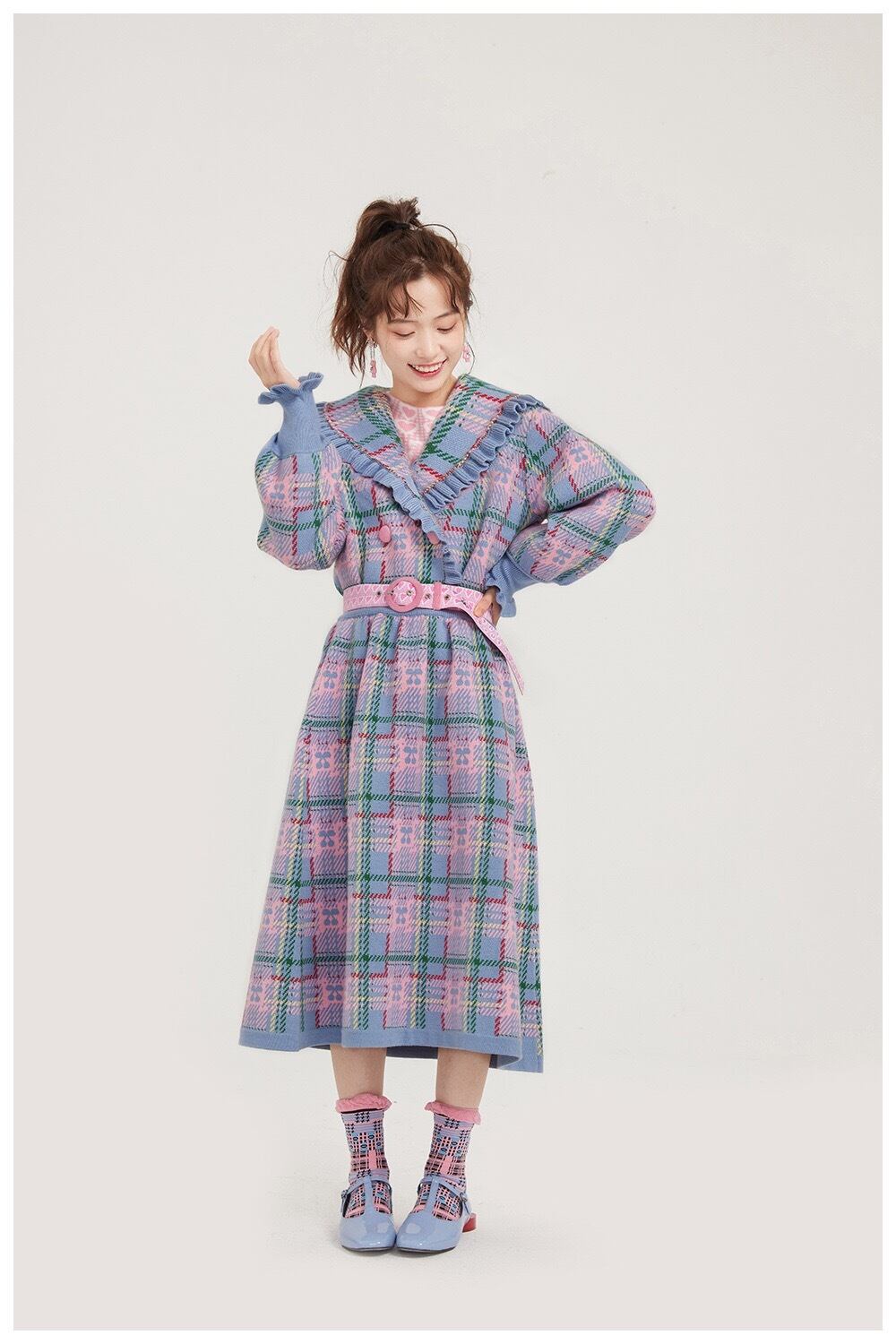 チェック セットアップ ニット 水色 ピンク スカート ボトムス