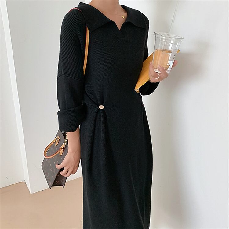 柔らかな雰囲気 早い者勝ち ロングスカート 多機能 ポロカラー スリム vネック 怠惰な風 シンプル