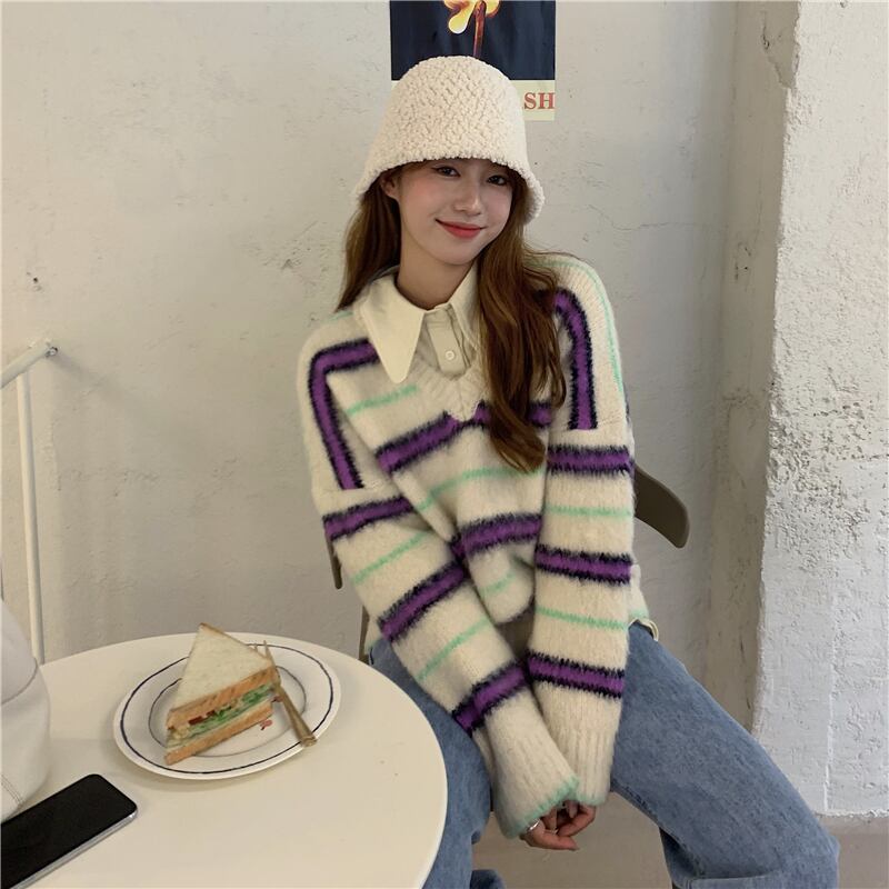 セーター ストライプVネックニットオータムウィンターベージュトップス 秋物 冬物 ブラックストロベリース71832431193