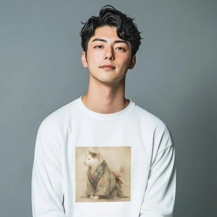「古都に佇む、凛とした江戸猫」ロングTシャツ リブ付 / "A dignified cat standing in the ancient capital" long-sleeved T-shirt with ribbing