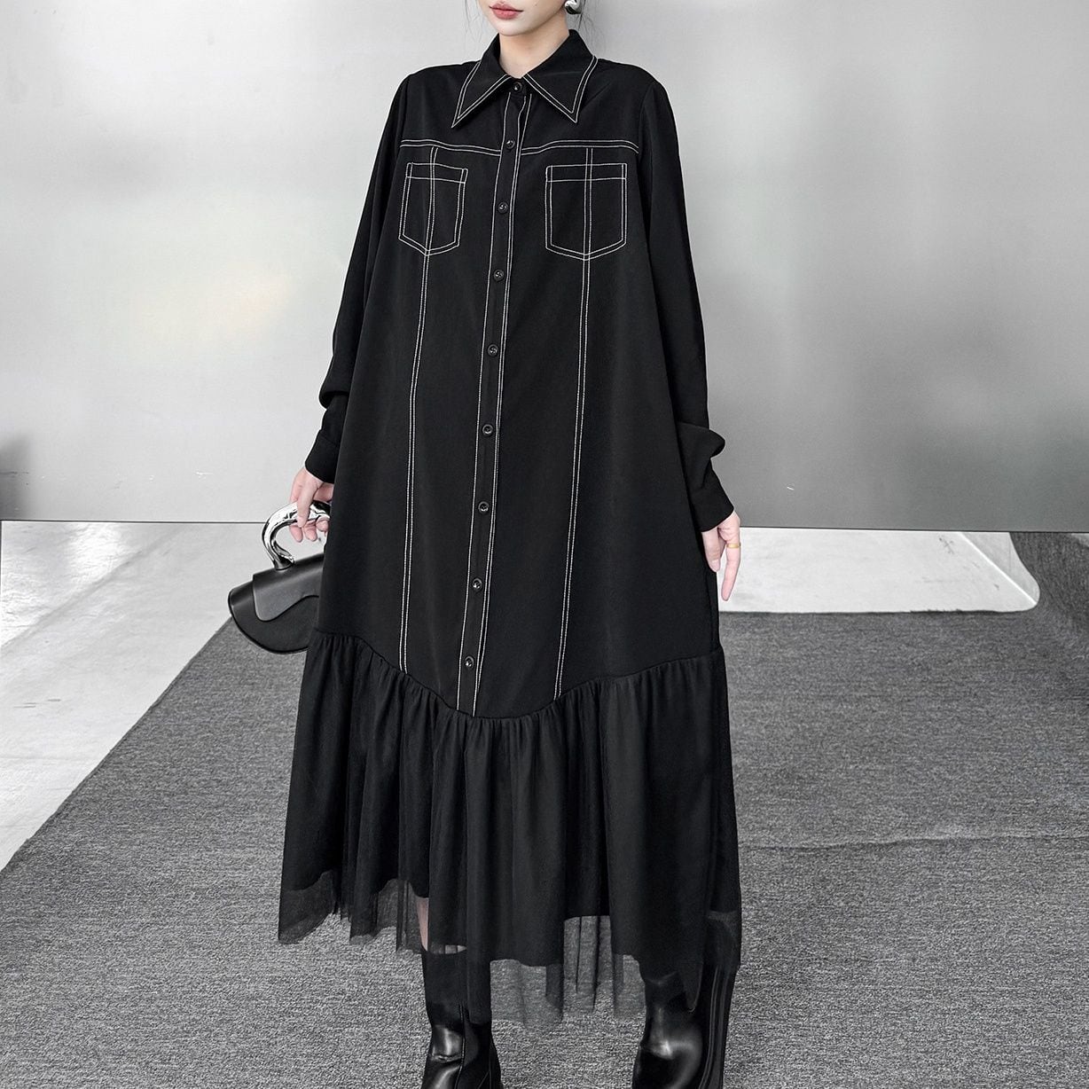 BLACK A-LINE MIDI DESIGN SHIRT DRESS 1color M-15499