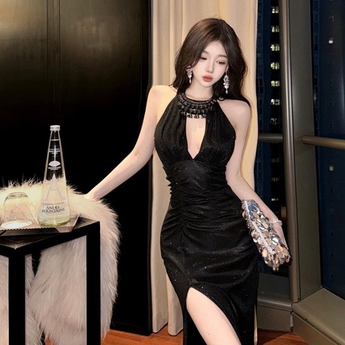 新品 キャバ 黒 ロングドレス キラキラ ビジュー 胸開き セクシー