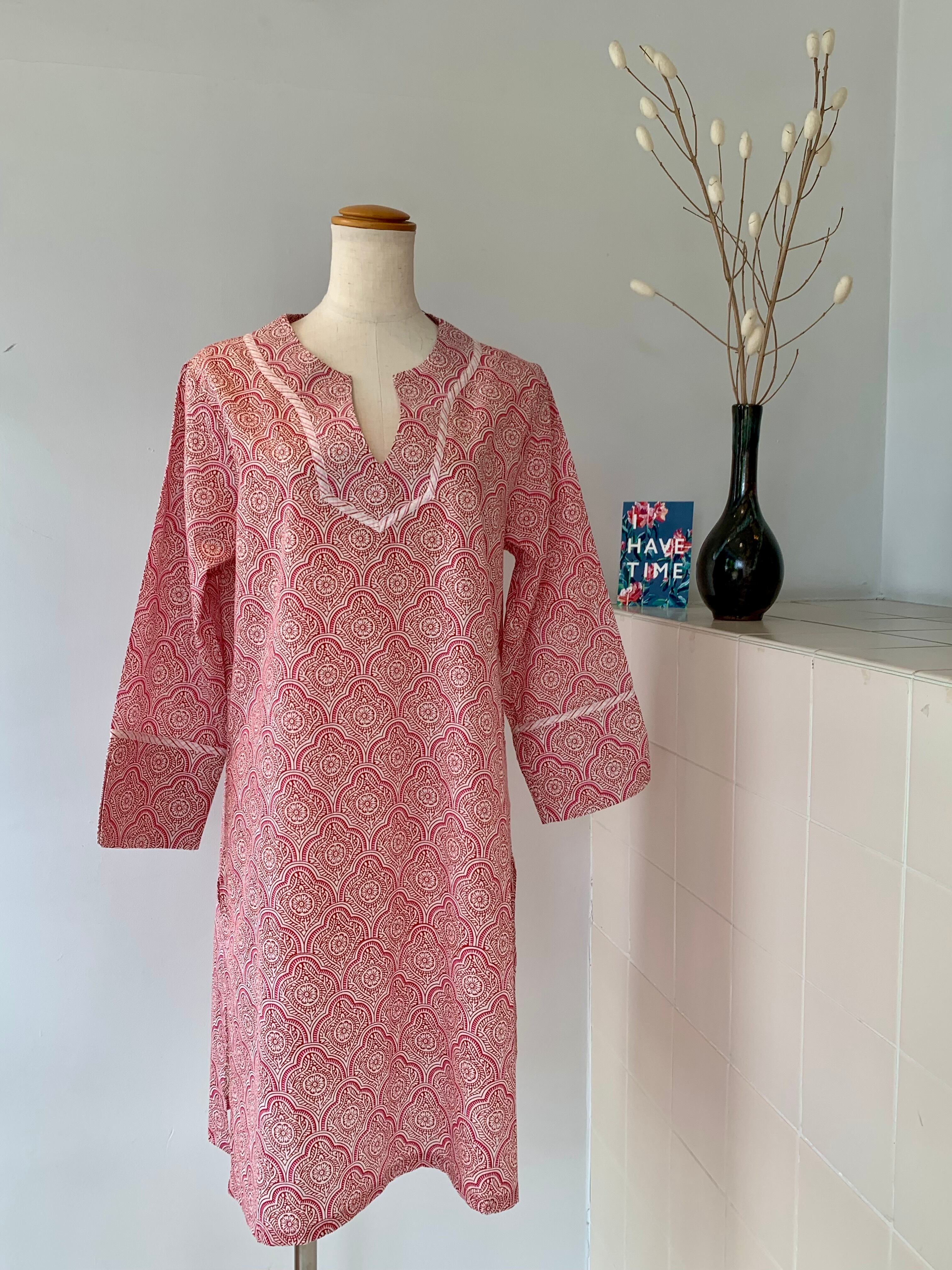 【Mラスト1枚】チュニック ワンピース レッド 高級インド綿 ブロックプリント 春夏ファッション