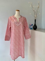 【Mラスト1枚】チュニック ワンピース レッド 高級インド綿 ブロックプリント 春夏ファッション