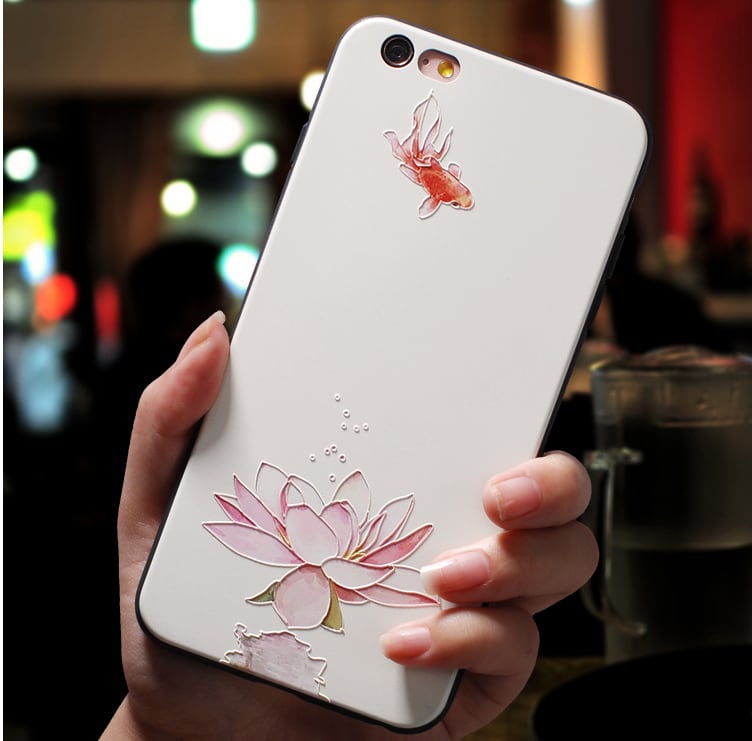 ハスの花 iPhone6s/7/8/xs/xrケース 浮き彫り 金魚 シック 2種類