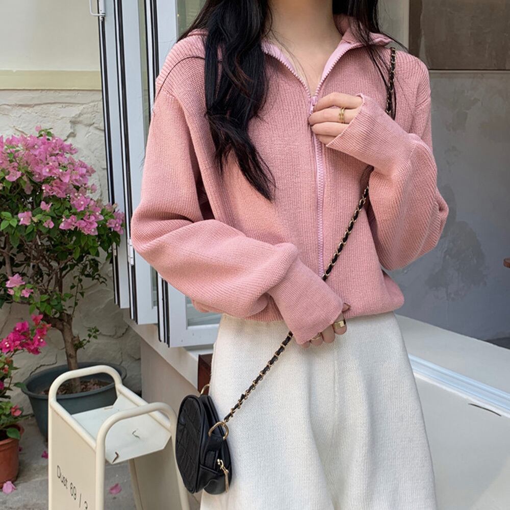 ジップアップ ブルゾン レディース 春秋冬 韓国 アウター トップス きれいめ 大人 かわいい おしゃれ ニット フェミニン 羽織り 大人可愛い 大人女子