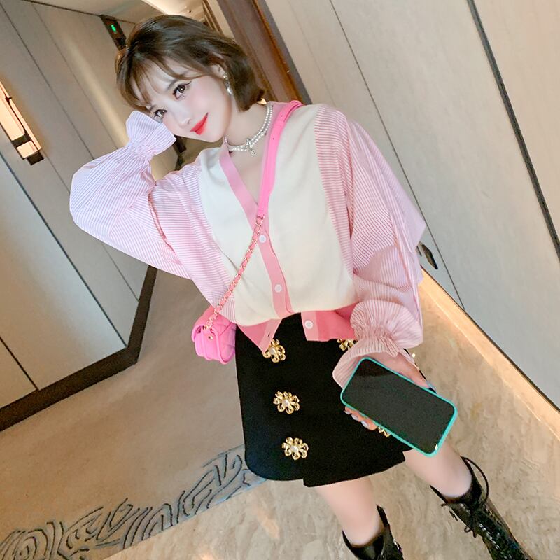 ストライプルーズ薄手Vネックニットカーディガンオータム レッド 秋物 ステッチ MIUCO88001009291