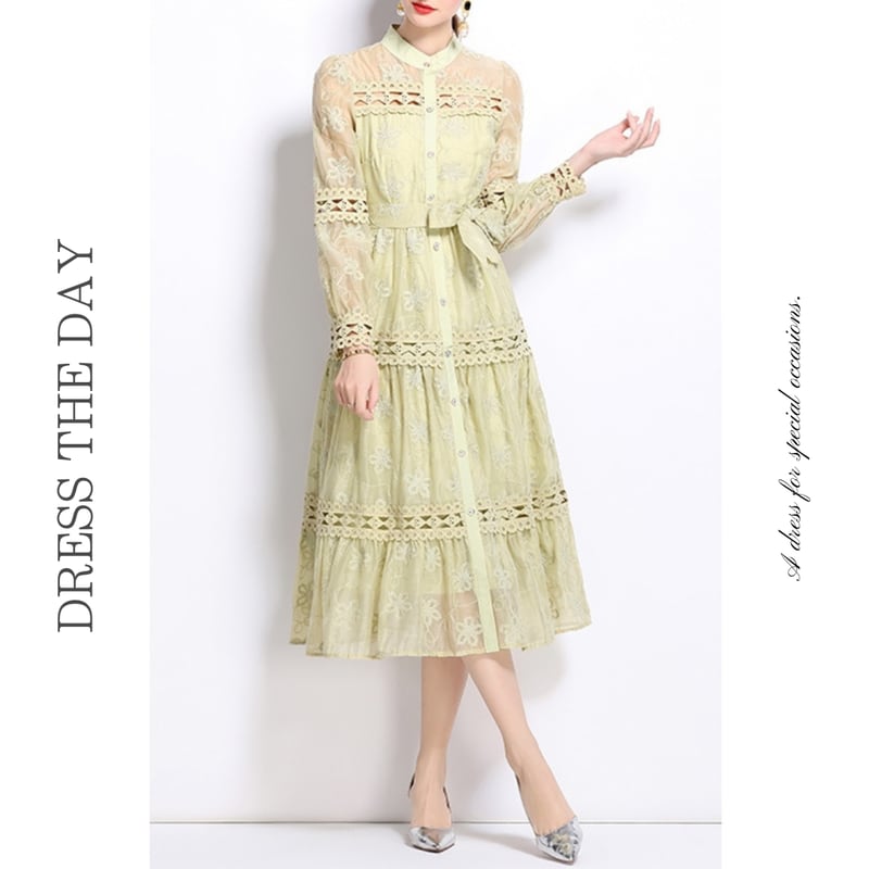 パンチングレースベルトシャツドレス D0135