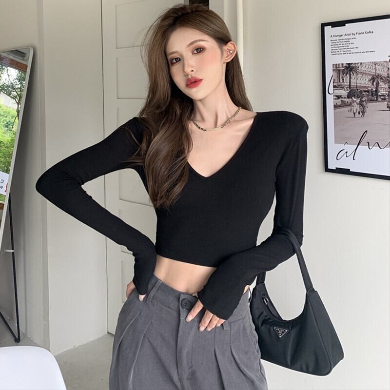 Vネックスリムショートシャツ オータムTシャツ レディース ロング 秋物 ガールズファッション5141987507