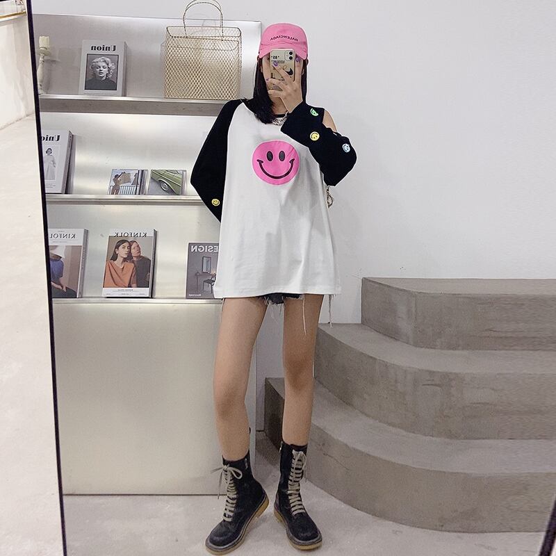 Tシャツ ルーズ薄手ブラウス ロング 大きめサイズ オフショルダー ミックスインファッション63196972785