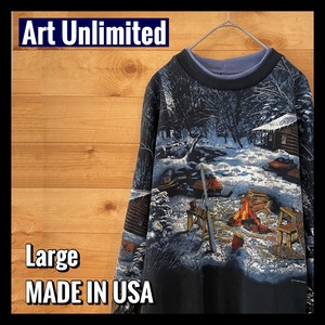 【Art Unlimited】 USA製 スウェット トレーナー 総柄 両面 プリント ポケット付き レディースL アメリカ古着