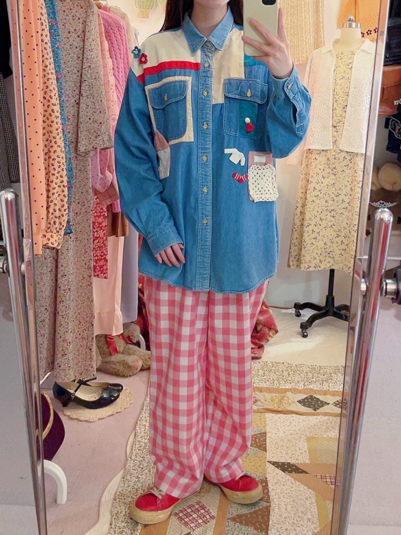 pink block check pants