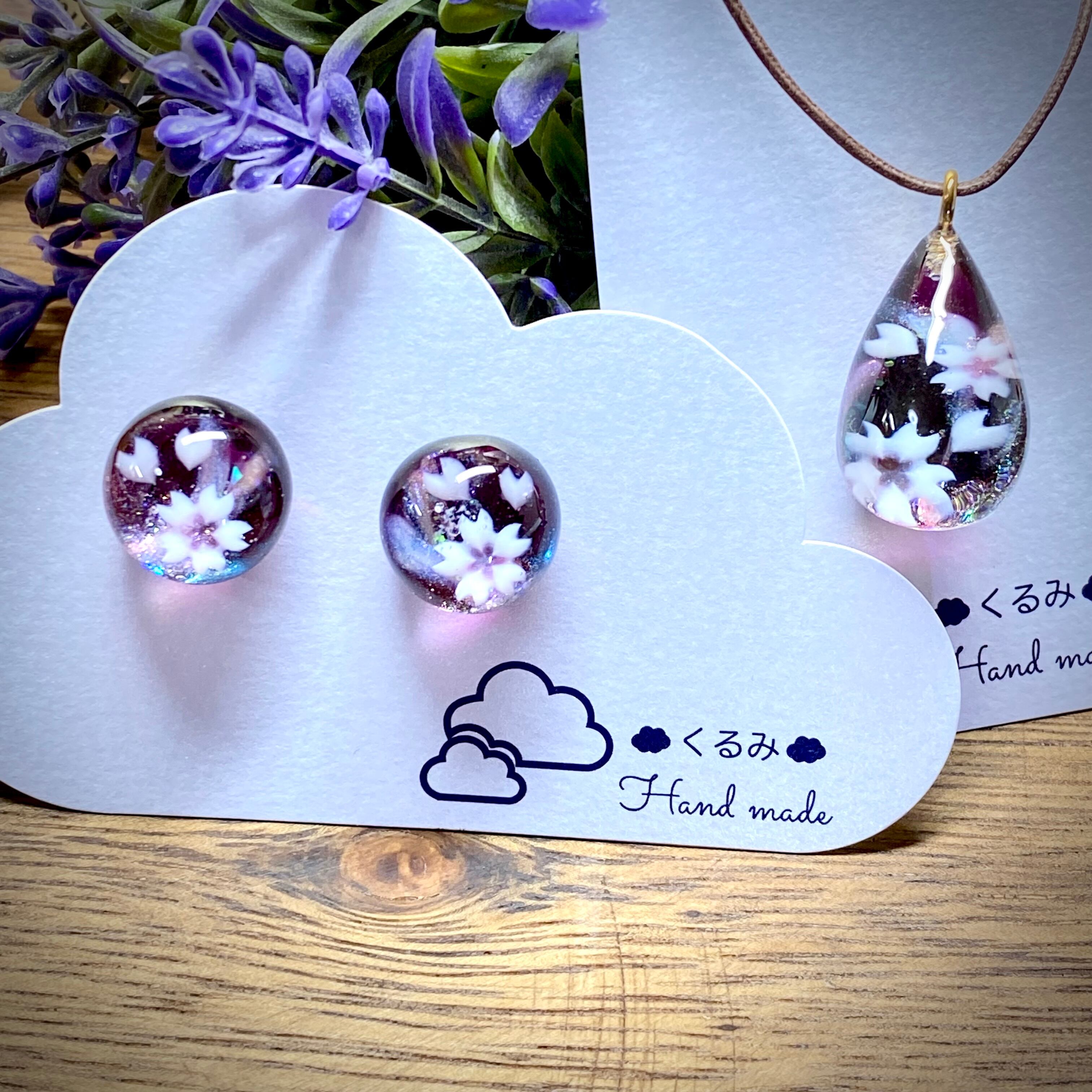 【セット作品】桜 ペンダント&キャッチ式ピアス B