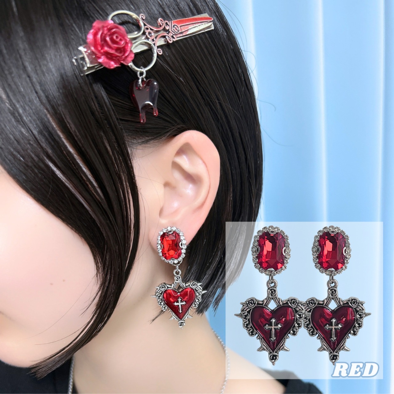 暗闇で輝く薔薇とクロスハートのピアス イヤリング｜十字架ピアス