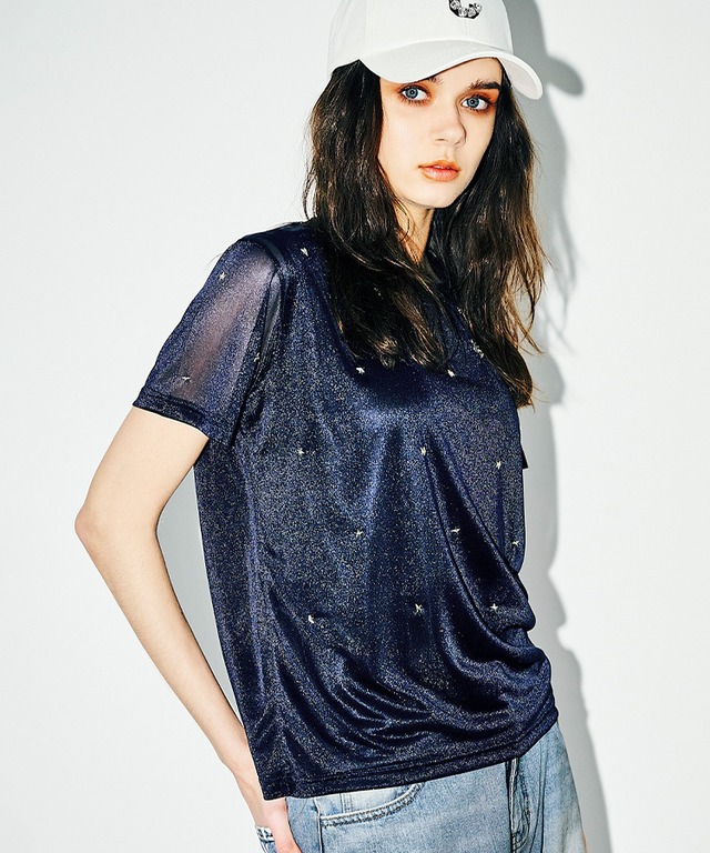 シフォンジャージレイヤードミニスタッズTOPS (NAVY)　CQ-46081