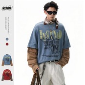 VINTAGE ストリート フェイクレイヤード ロングTシャツ T1835