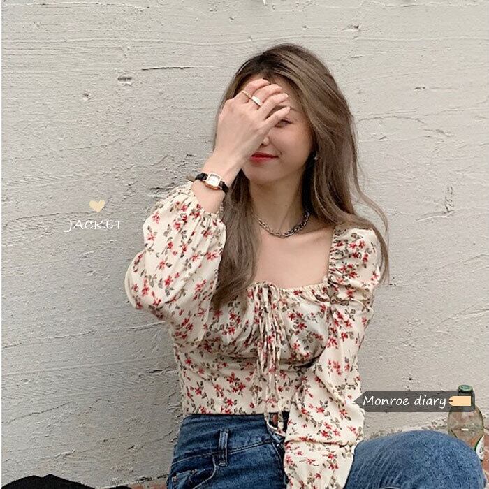 フローラルシャツ オータムスタンダードカラーショートトップス ロング レトロ 秋物 花柄 スクウェア モンロー45752105424