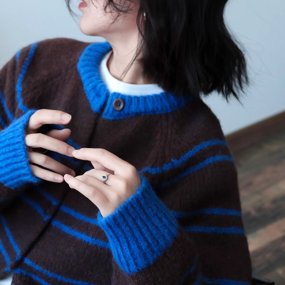 ボーダークルーネックニットカーディガン B0170