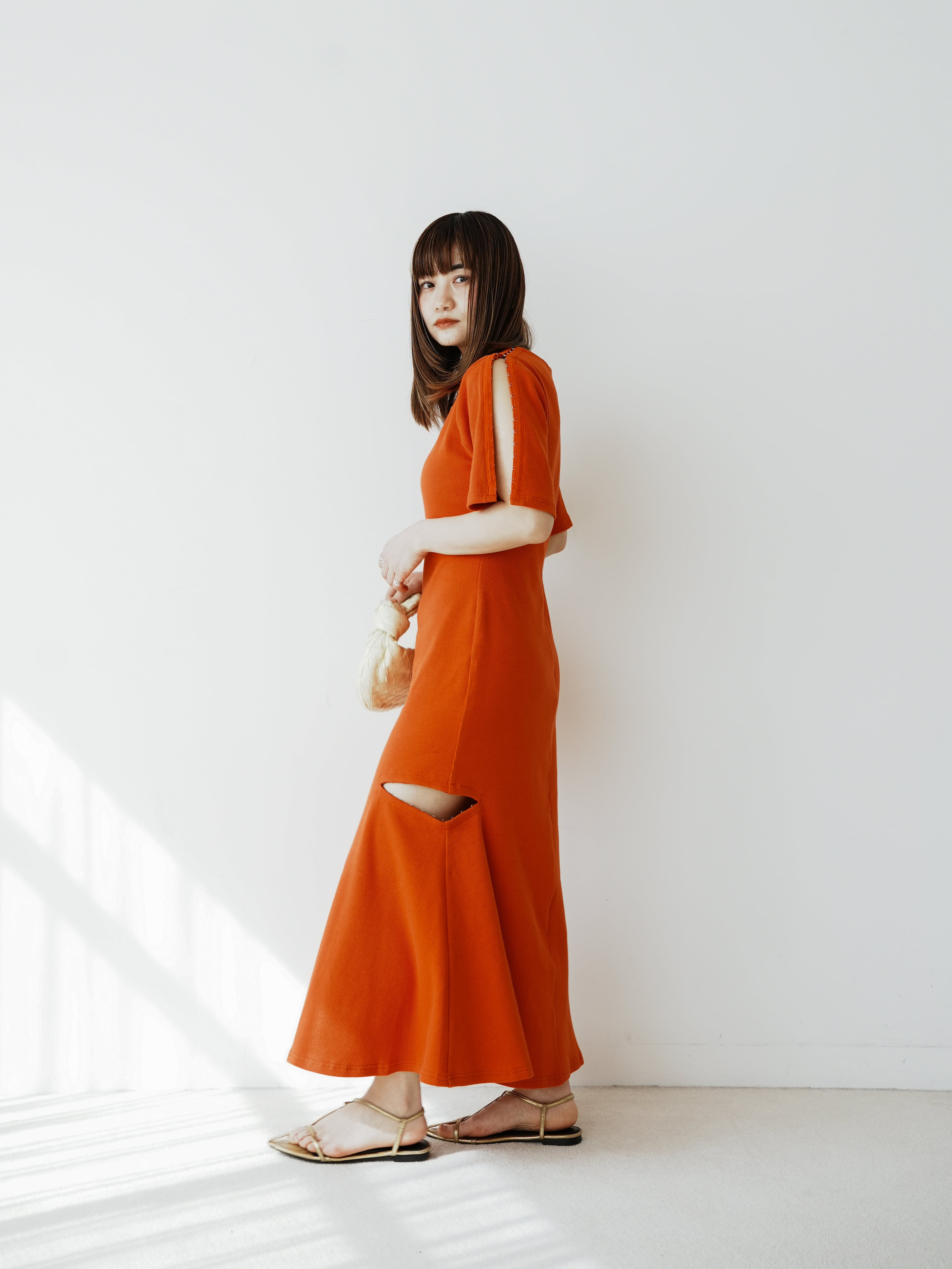 ビアズリー/IKIMONOアップリケワンピース/ロング丈/ノースリーブ/オレンジ many way hook slit onepiece | Katrin TOKYO