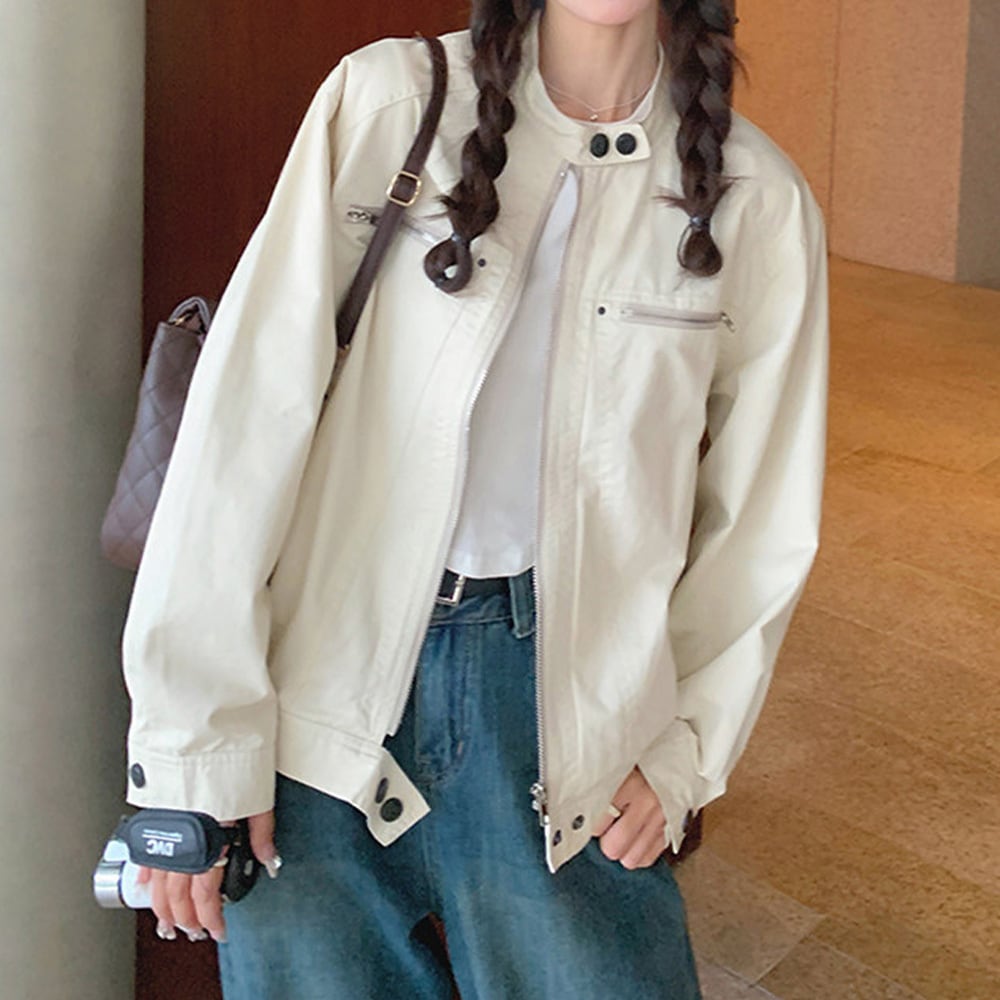 【送料無料】 ジャケット ブルゾン レディース 春秋 韓国 ライトアウター 大人 きれいめ シンプル カジュアル ライトアウター スタンドカラー ナチュラル ゆったり 体型カバー 大人可愛い 大人女子