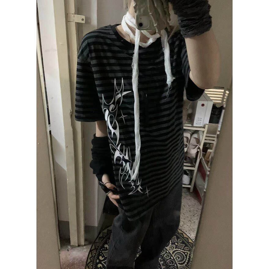 サブカル地雷系 ライブ参戦服 ボーダー Tシャツ 【黒×灰 トライバル柄