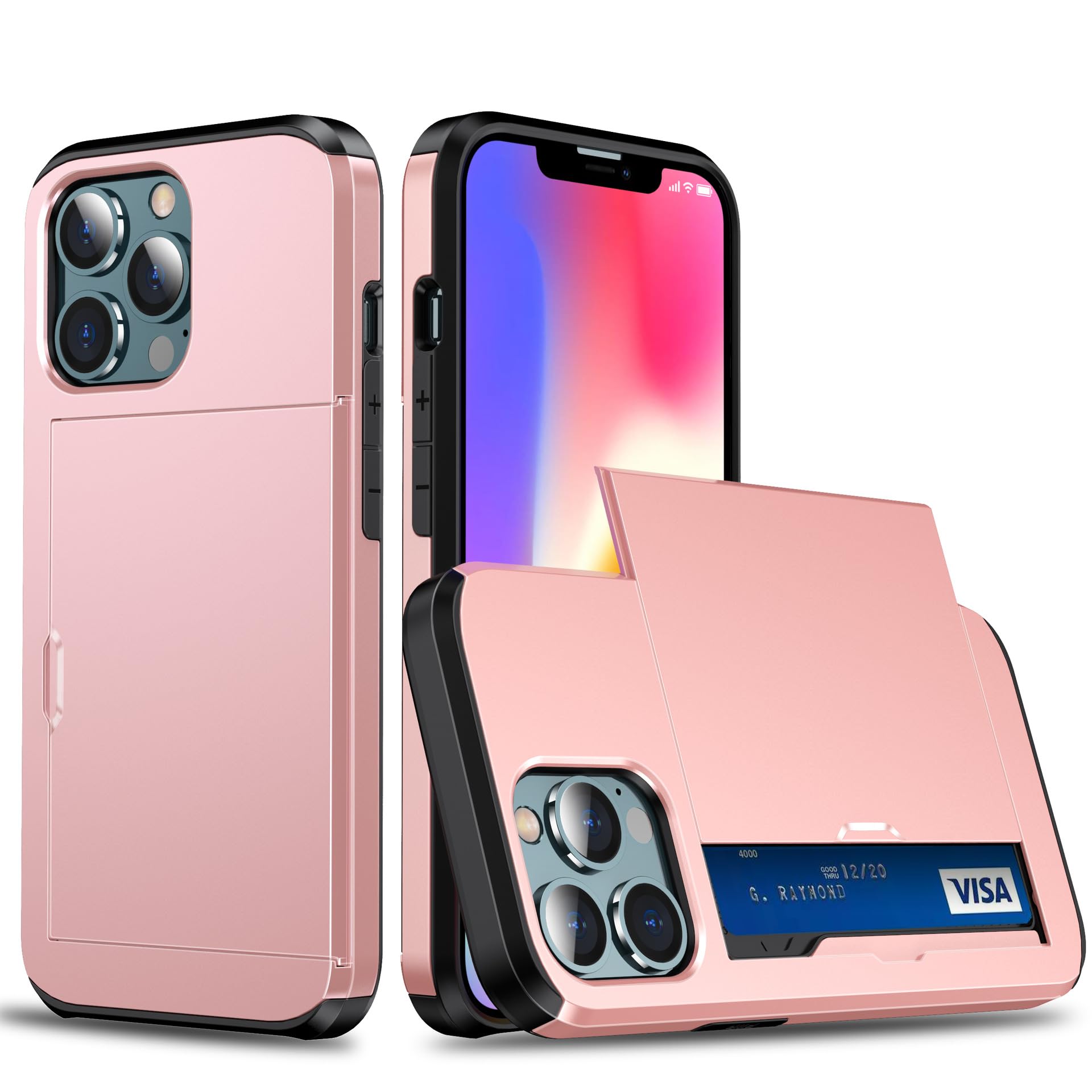 for iPhone 16 / iPhone 17 Pro 適用 ケース カード収納 背面 手帳型 アイフォン 16/17 ケース カード入れ 米軍MIL規格 耐衝撃最強 iphone17 携帯ケース 落下防止 全面保護 指紋防止 画面レンズ保護 マット質 カバー い 6.3インチ ブラック (【iPhone16 Promax用】,ローズゴールド)