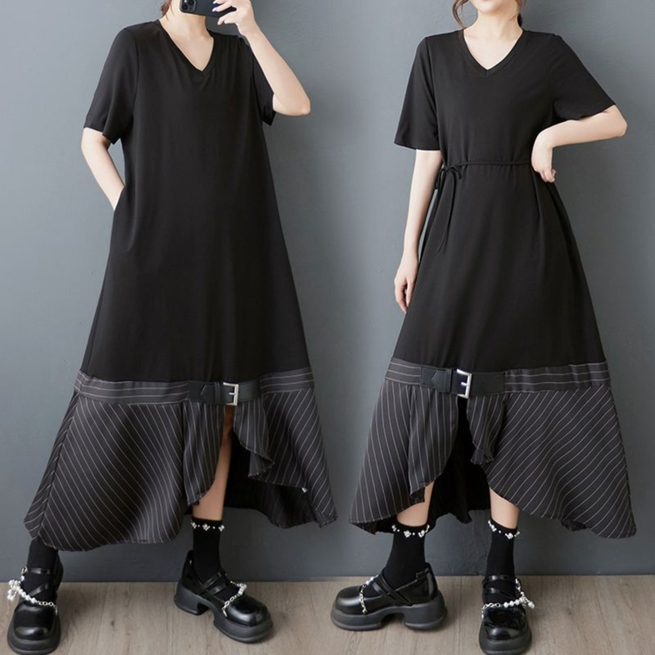 ベルト&ストライプヘム ブラックワンピース  30170