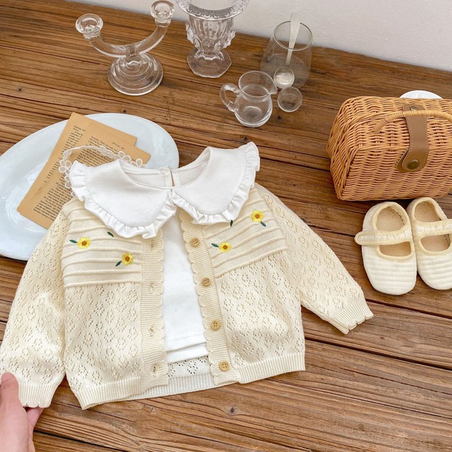 【BABY】フラワー刺繍透かし編みニットカーディガン - 12
