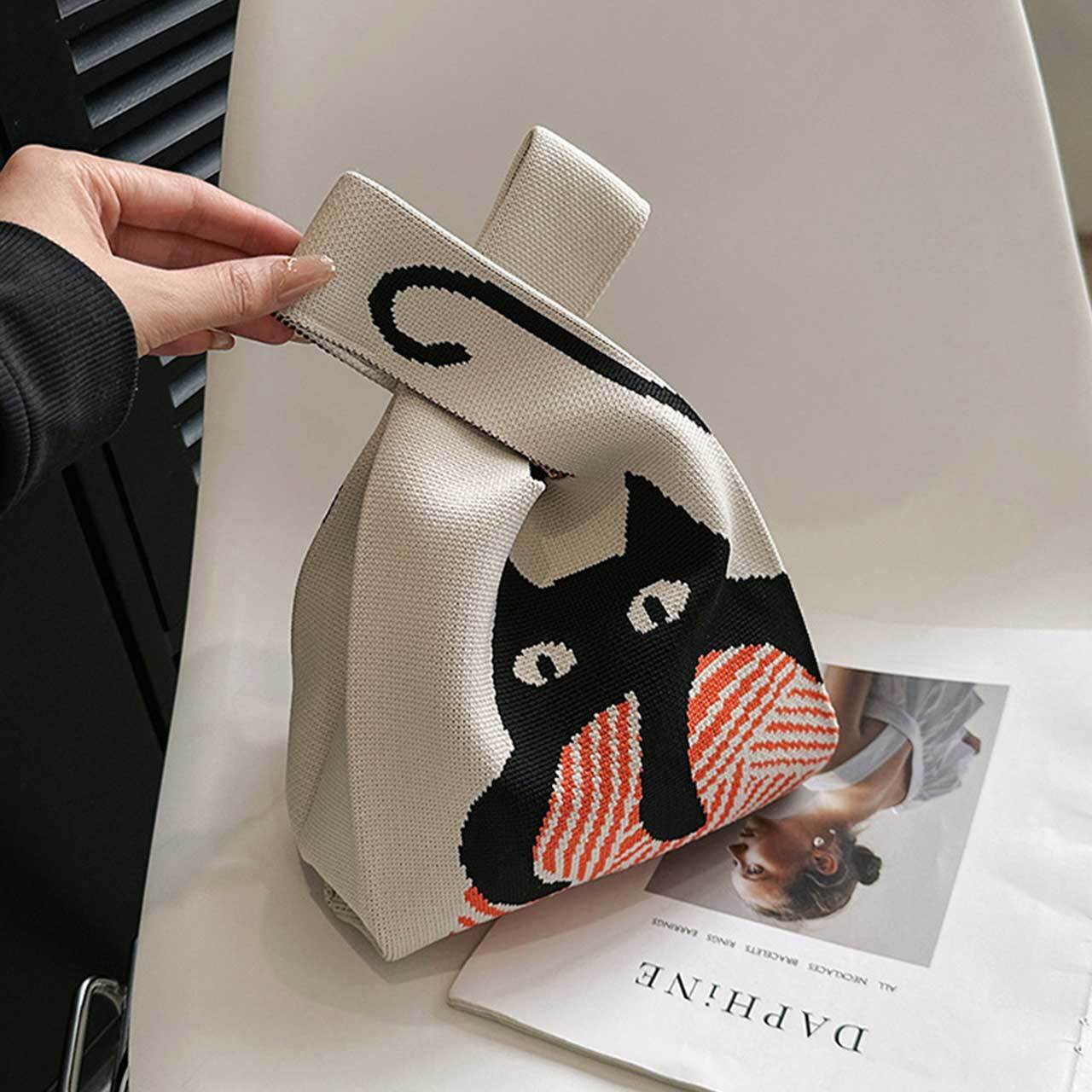 猫柄 ニットバッグ クロシェ編み ミニトート ランチ プレゼント【168