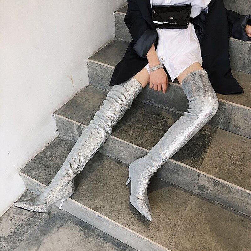 新作】【送料無料】 シルバーゴールドスパンコールブーツセクシーな