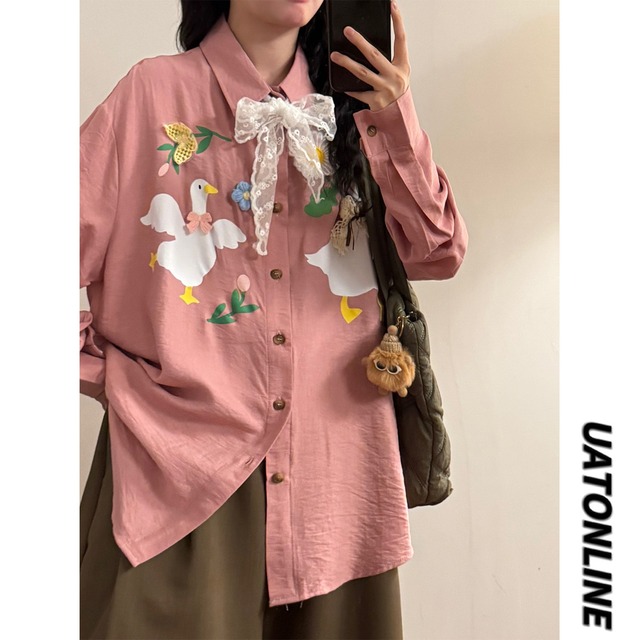 【UATONLINEシリーズ】★シャツ★ 2color リボン付き トップス 長袖 ユニセックス メンズ ガチョウ カートゥーン