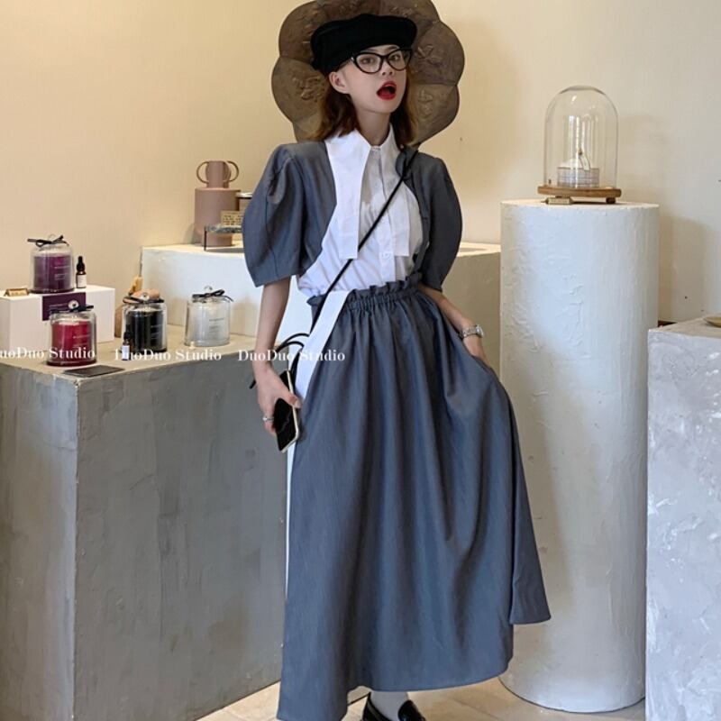 サマーグレーシャツ トップス スカート 夏物 ステッチ YY-ファッション10795517154