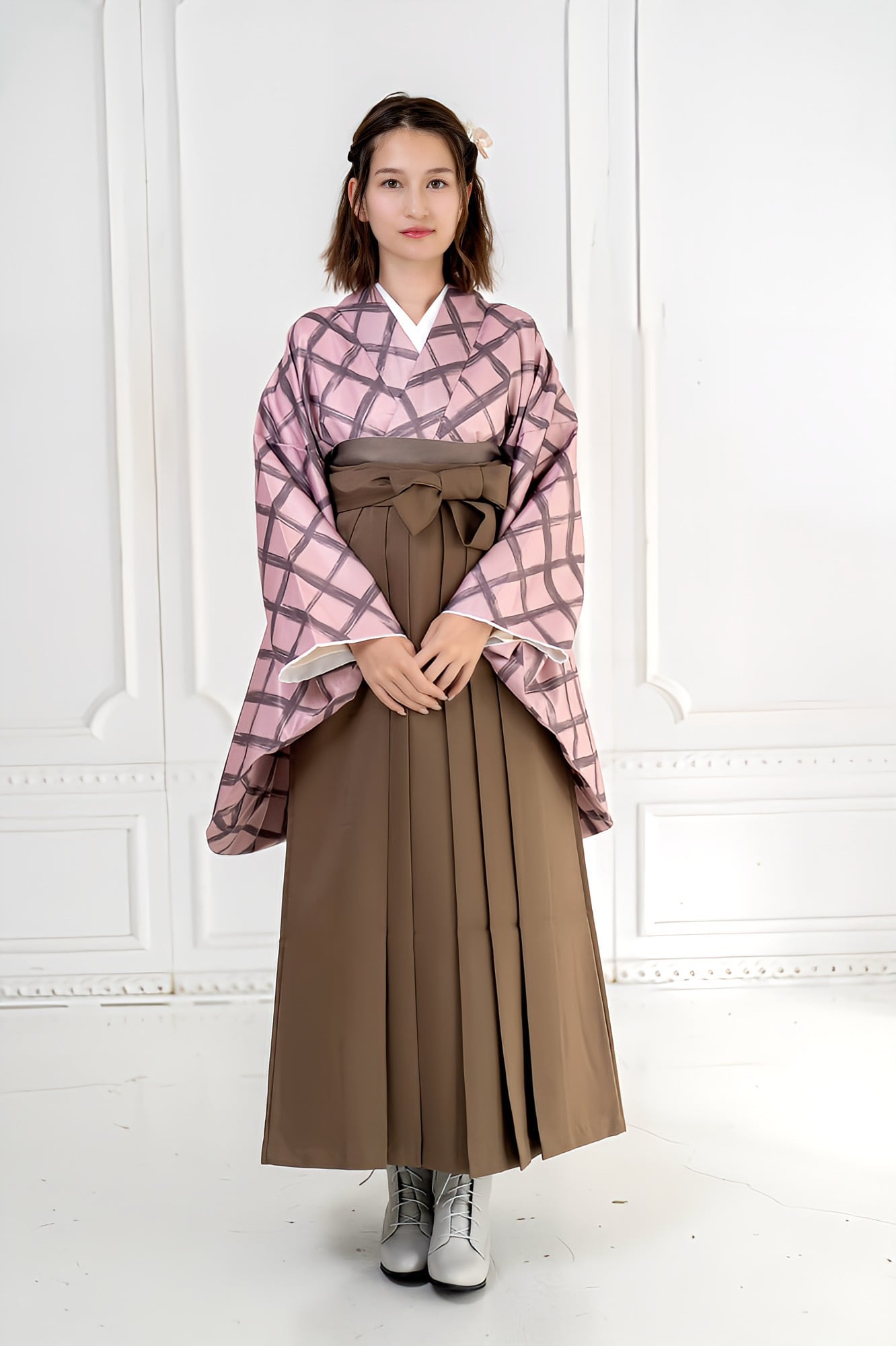 新作 着物ジェンヌ 卒業式袴3点セット 二尺袖 着物 ピンク 袴 卒業式 Kimono Sienne 卒業式袴3点セット ピンク×ブラウン 二尺袖着物 袴 卒業